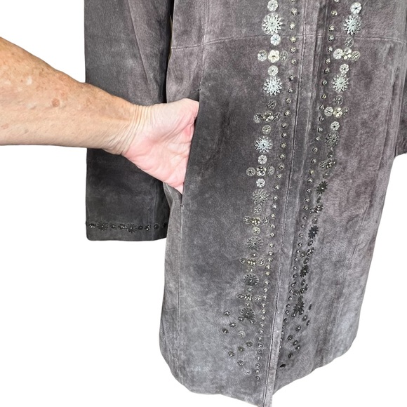 Pamela McCoy Collections Brown Suede Coat With Bronze Beading Trim Large - Picture 4 of 16